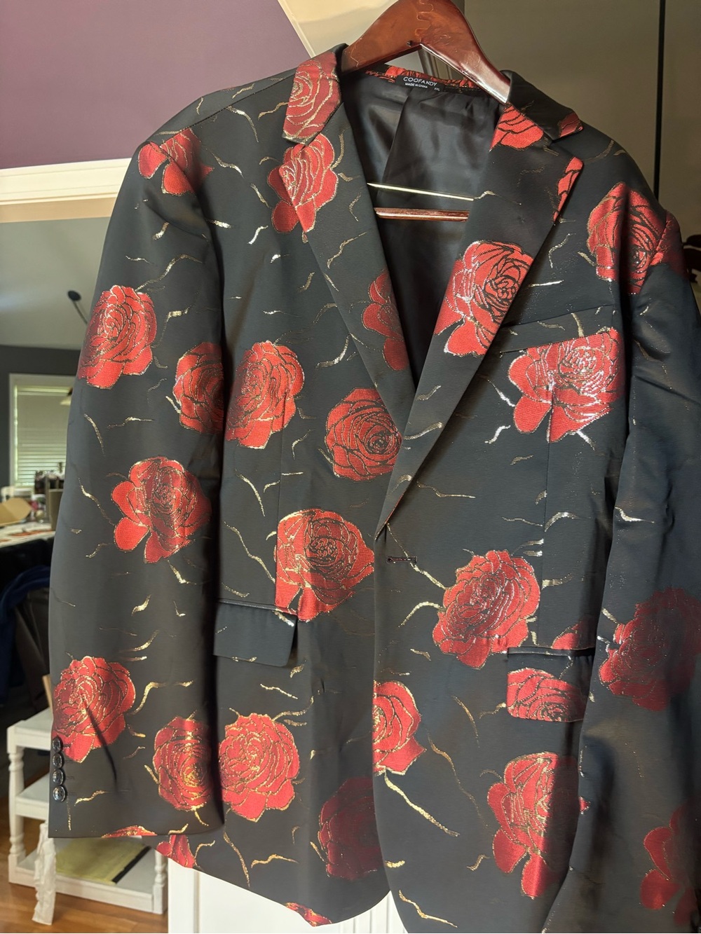 Black Blazer with Red Rose Jacquard - Elegant Floral Evening Jacket